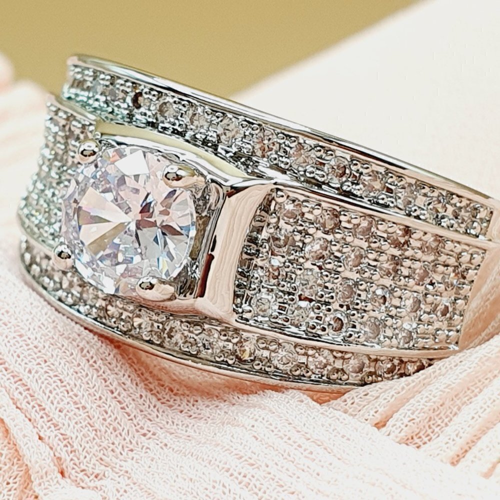 💎 Glitter Zircon Full Filled Silver Chunky Wedding Ring for Man, INDN8362 - Picture 2 of 4